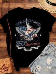 Eagle And Flag Design T-Shirt To Celebrate The 250th Anniversary Of The Independence Of The United States Of America (1776-2026), Patriotic Gift For Independence Day, 220g - 黑色 - 查看 3