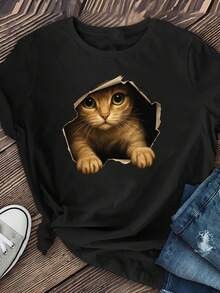 Camiseta de manga corta para mujer 'Kitten in a Hole' de tela gruesa, ropa de mujer, camiseta casual de manga corta para primavera/verano, camiseta casual de manga corta, idea de regalo. - Negro - Ver 3