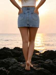 Women's High Waist Denim Mini Skirt, Casual Vintage Washed Straight Jean Skirt, Classic Basic A-Line Short Skirt With Pockets For Summer,Vintage Washed Denim Mini Skirt,High Waist A-Line Jean Skirt,Casual Summer Short Denim Skirt - Màu xanh nhạt - Xem 4