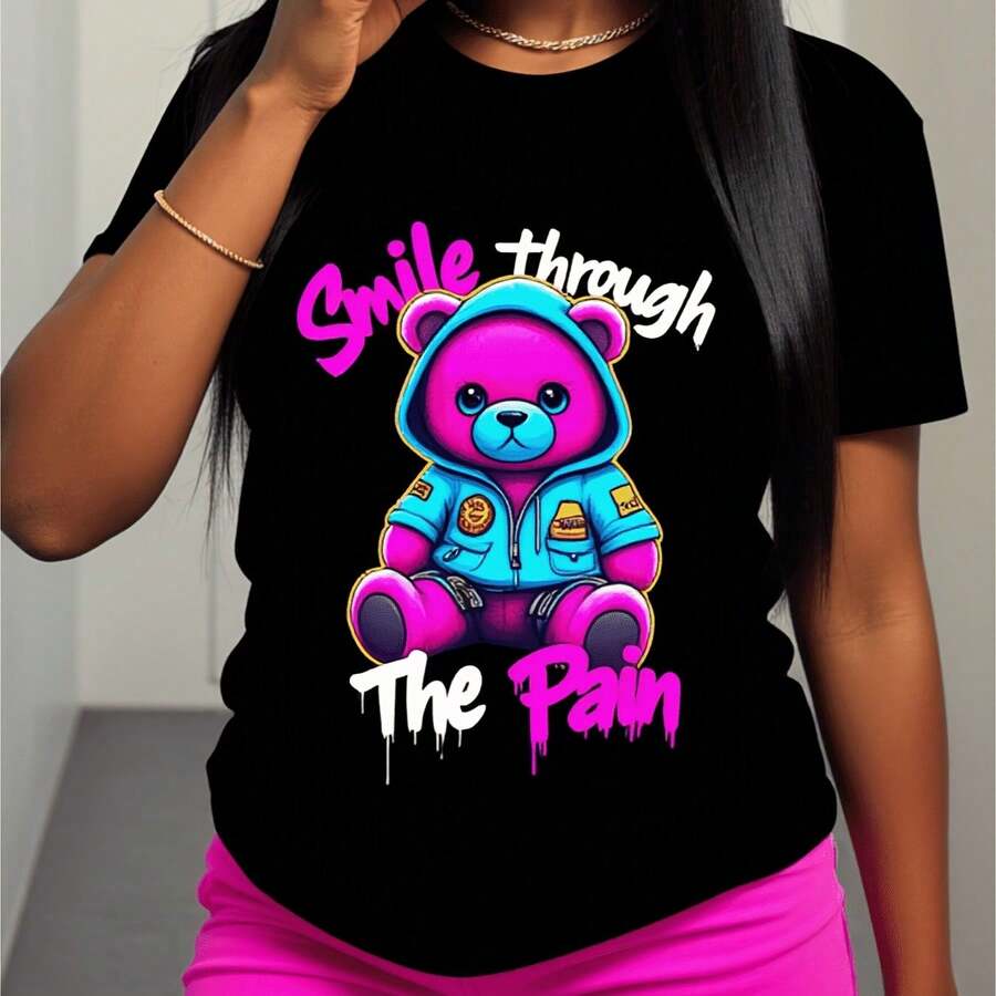 Women's T-Shirt With Tooth And Toothpaste Print, Short Sleeve - Black - View 1