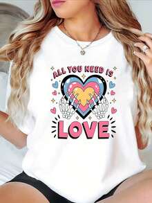 Talla - Talla - Un estilo romántico con un moderno, esta camiseta oversized de cuello redondo para mujer presenta un estampado de calavera sosteniendo una mano con un corazón, perfecta para el uso diario, compras y reuniones en primavera y verano - Blanco - Ver 1