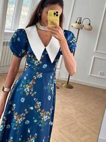 Vestido largo floral azul estilo primer amor 2026, cuello muñeca, manga corta, diseño elegante y favorecedor - Azul - Ver 2