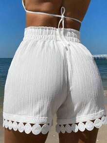 Conjunto de 3 piezas de ropa de verano para vacaciones en la playa para mujer: Cubrecostos con cintura anudada y encaje, Top de traje de baño, Shorts - Blanco - Ver 2
