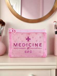 粉色愛心迷你便攜式網格醫療包，印有「Medicine」字母與十字圖案，急救醫療緊急包，戶外居家藥丸收納袋，適合旅行收納、化妝包、美容包、度假整理、護膚包、護唇油收納，母親節禮物、開學禮、生日禮物、浴室收納、學生宿舍盥洗包，送給妻子、老師、家人、朋友的禮物 (6款可選) - 彩色 - 查看 1