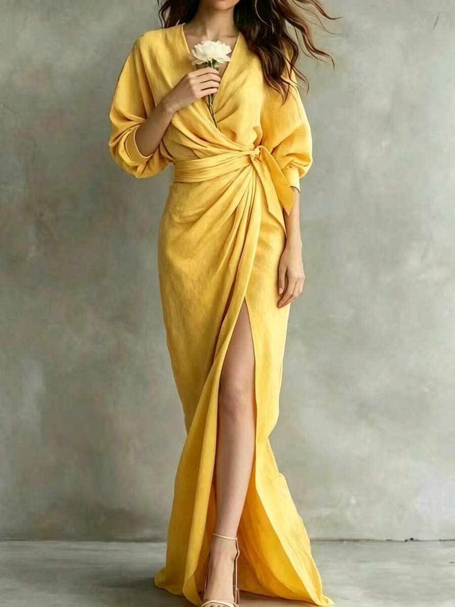 Robe élégante à col en V, manches longues, couleur unie pour femmes au printemps/automne, taille ajustée avec design de nœud latéral, tissu tissé non extensible, ourlet fendu jaune - Jaune citron - Voir 1