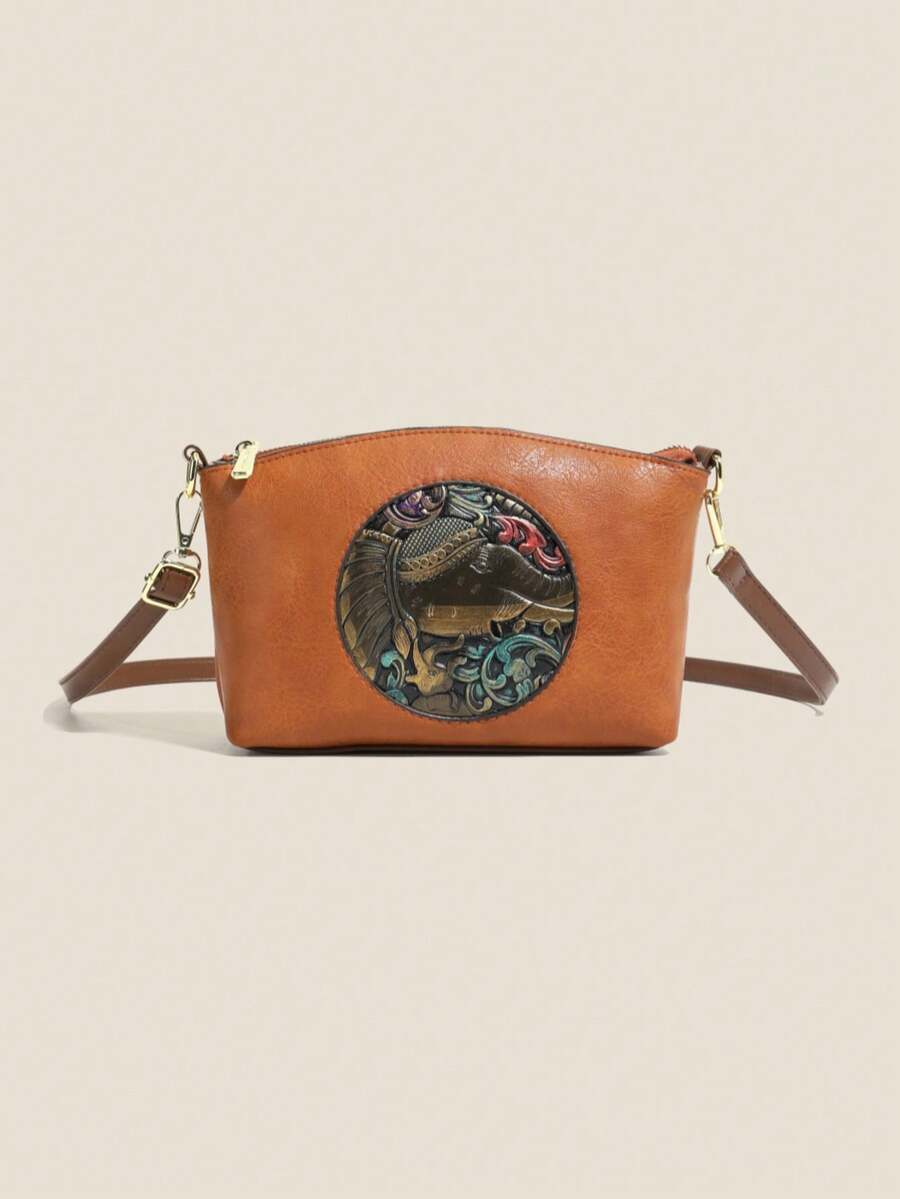 PU Material Women's Crossbody Bag, Retro Auspicious Elephant Retro Pattern Shoulder Bag. Adjustable Strap Can Be Worn As Shoulder Bag. Zipper Design At Back To Separate Storage For Phone, Keys, Lipstick, Tissues Etc. Suitable For Commuting And Shopping, Small Size With Large Capacity
