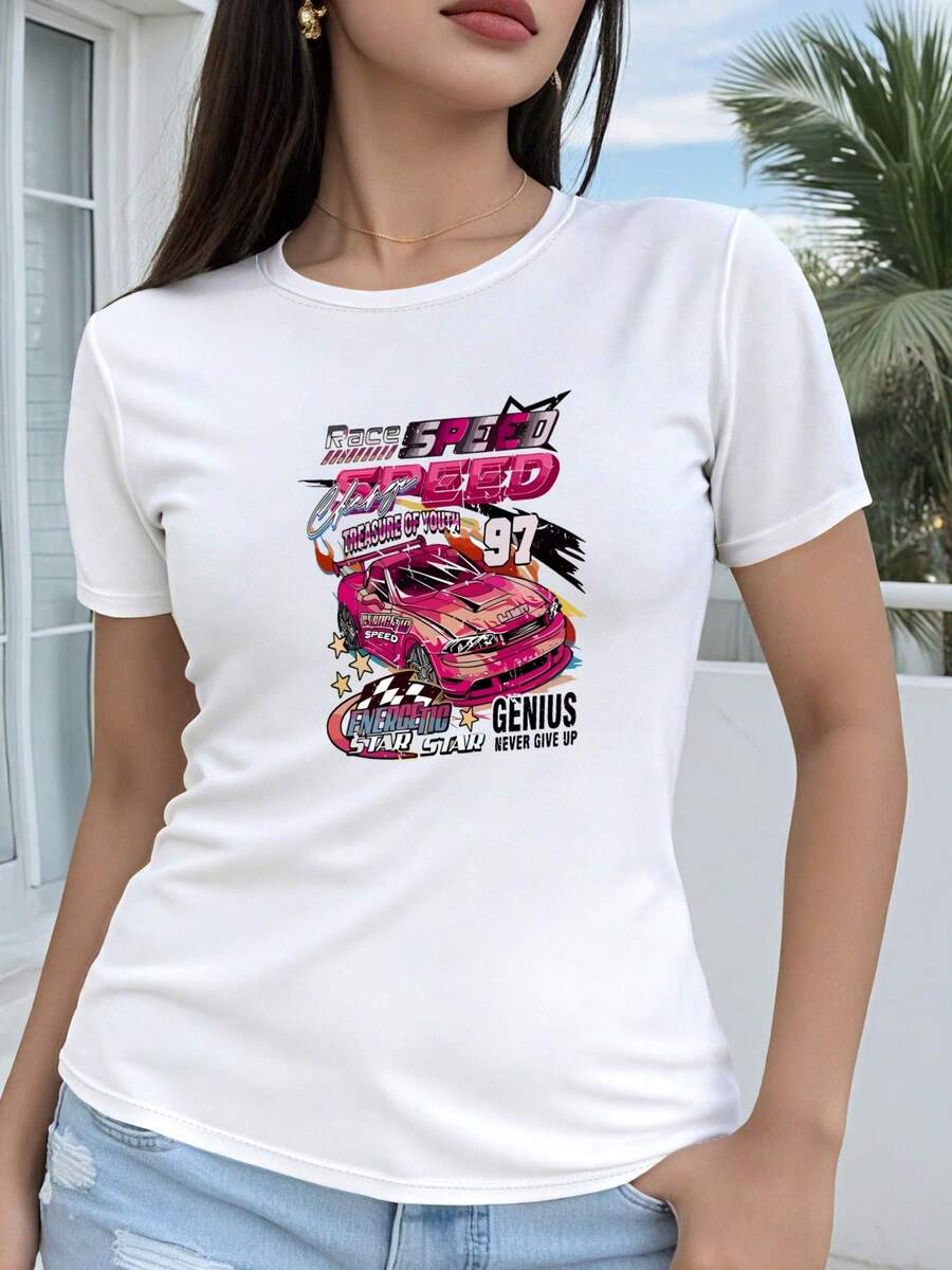 Women's Short-Sleeved T-Shirt, Made Of Pure Cotton, With A 2D Geometric Racing Print Design, Cool And Full Of Speed, Casual Short-Sleeved Top With Round Neck, Suitable For All Seasons, Festive Fashion, Retro Aesthetic, Breathable Material, Fun Print. - 白色 - 查看 1