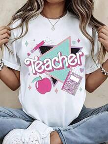 Women's Clothing White Teacher T-Shirt With Apple And Notebook Print Casual Women's Clothing For School And Everyday Wear Women's Shirts - 白色 - 查看 6