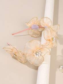 1pc Beige Girls' Mesh Headband With Shiny Floral Pearl Decor, Elegant Hair Accessory For Daily, Party, Gift, Holiday, Wedding, Suitable For Teenagers - Beige - View 1