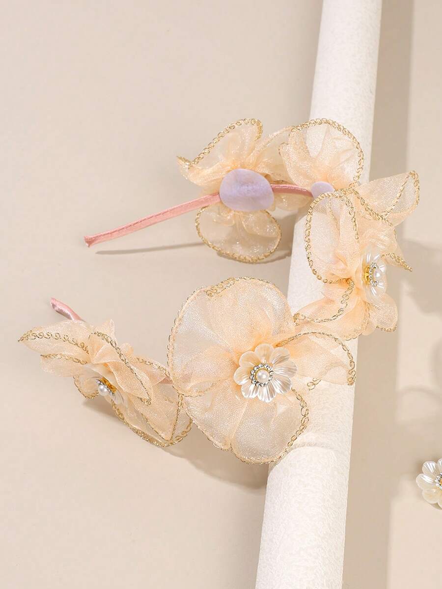 1pc Beige Girls' Mesh Headband With Shiny Floral Pearl Decor, Elegant Hair Accessory For Daily, Party, Gift, Holiday, Wedding, Suitable For Teenagers - Beige - View 1