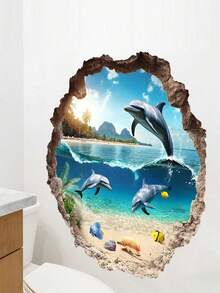 1pc Removable Dolphin & Ocean Scene Wall Sticker, Suitable For Bathroom Wall Decor - A - View 5