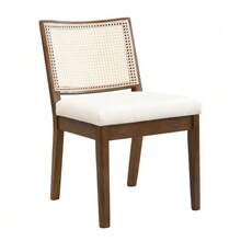 4 Solid Wood Dining Chairs With Rattan Backrests, Comfortable And Breathable, Ideal For Dining Rooms, Living Rooms, Cafes, Modern Style, Linen, Walnut - 卡其色 - 查看 10