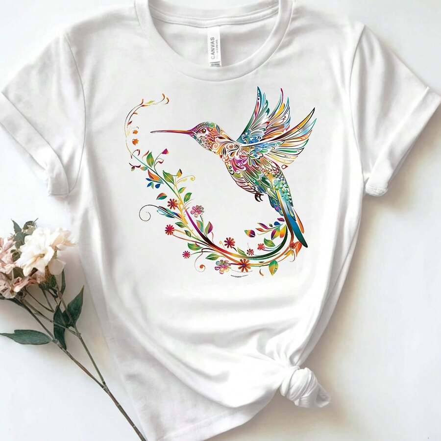 Women's T-Shirt With "C" Letter Print And Gold Text, Short Sleeve - 白色 - 查看 1