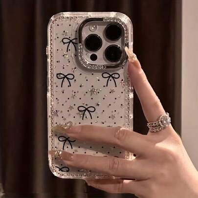 1pc Bow Tie & Polka Dot Rhinestone Phone Case, Star Glitter Design, Compatible With IPhone 17/17 Pro/17 Pro Max/16/16 Pro/16 Pro Max/15/14/13/12/11 Series, Transparent Soft Case With Smooth Texture, Suitable For Sweet & Elegant Styles, Exquisite And Luxurious, Great Gift For Girlfriends And Yourself
