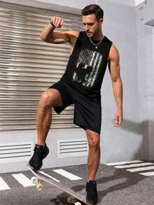 Men's USA Letter & Flag Print Tank Top, 100% Cotton Breathable Sleeveless Shirt, American Patriot Style Casual Summer Gym Vest, Perfect Independence Day / Father's Day Gift - màu đen - Xem 1