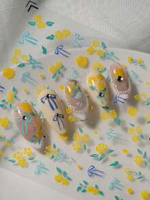 3D Embossed Nail Art Stickers With Gentle Fresh Style, Featuring Yellow Rose And Blue Bow Decor, Healing Atmosphere, Suitable For Commuting, Soft Chic Outfits, Gentle Manicure, Dating Occasions, Ideal For Gentle Enthusiasts, Students, Moms, Nail Art DIY Beginners, And Soft Girl - Multicolor - View 12