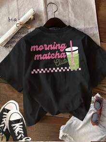 Women's Casual Summer Top With A Print, Featuring A Fresh Style With "Cup, Drink, And Morning Matcha Club" Graphics On A Short-Sleeved, Crew-Neck T-Shirt. This Unisex, Loose-Fitting, Urban Vintage Style Top Is Made Of Cotton And Features A Short-Sleeved, Crew-Neck Design. Women's Blouses. Casual Blouses For Ladies. - 黑色 - 查看 6