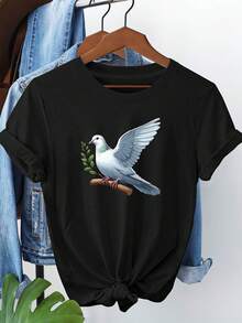 Talla Grande, Camiseta de Mujer con Estampado de Palomas - Blusa de Manga Corta con Cuello Redondo, Adecuada para Primavera y Verano, Atuendo Casual con Estampado de Palomas, Ideal para Combinar con Otras Prendas, Lavable a Máquina, para Viajes Diarios, Sesiones de Fotos, Ropa para el Cuidado Personal. - Negro - Ver 8