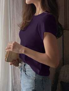 Camiseta básica de mujer de cuello redondo de unicolor de manga corta, blanca, para primavera/verano, de estilo casual de oficina - Morado Violeta - Ver 4