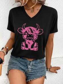 Casual T-Shirt New Women's Short Sleeve V-Neck T-Shirt For Spring And Summer, With A Stylish Printed Design, Made Of Soft And Comfortable Fabric, Easy Care And Machine Washable, Perfect For Outings And Home Wear During Spring And Summer 100% Cotton Durable - 黑色 - 查看 7