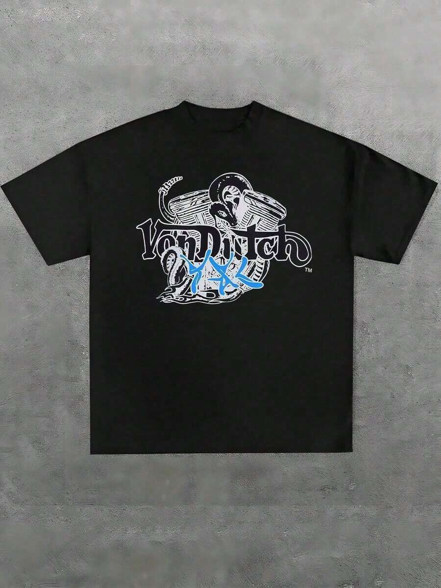 Large Size 1 Piece T-Shirt With Snake And Engine Print Garage Culture Style 100% Cotton Streetwear Casual Crew Neck Short Sleeve Graphic T-Shirt Vintage They Are Excellent Gifts For Friends And Family - 黑色 - 查看 1