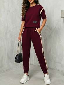 Women's New Contrast Stripe Tee And Elastic Waist Straight Leg Pants 2 Pieces Set, Suitable For Spring, Summer And Autumn - Burgundy 29 + Apricot 13 - View 2
