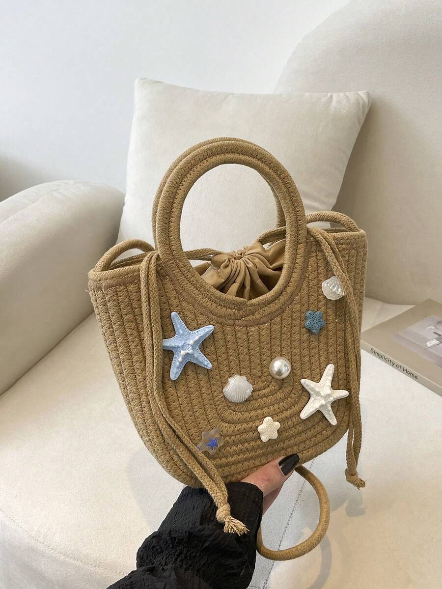 女士草编沙滩手提包,可爱海星贝壳装饰圆形手柄手提包,抽绳波西米亚风度假斜挎篮包夏季假日休闲单肩包 - 卡其色 - 查看 1