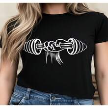 Women's Sexy Casual Cotton Short Sleeve Round Neck T-Shirt with Dumbbell Print for Gym - Negro - Ver 1