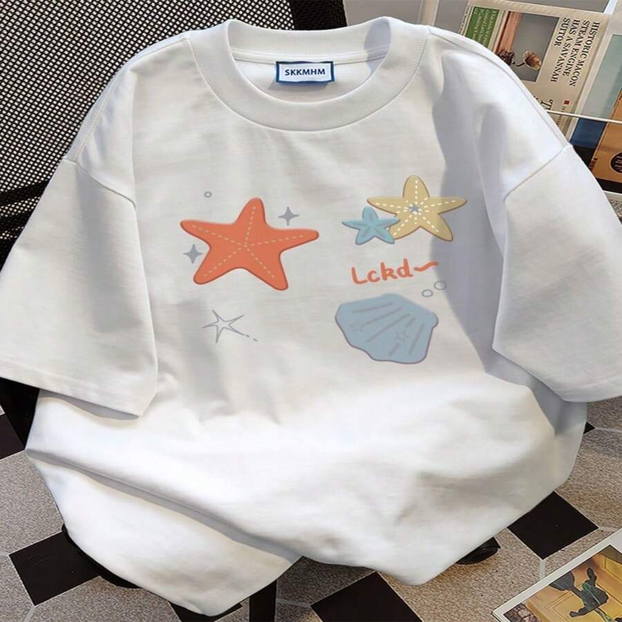 Women's Sexy Casual Cotton Round Neck Short Sleeve Starfish Graphic T-Shirt, High Stretch Regular Fit Tee Top - Blanco - Ver 1