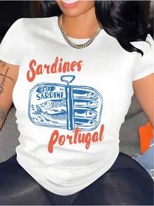 Camiseta Casual de Manga Corta para Mujer - Estampado Vintage de Lata de Sardinas, Cuello Redondo, Estilo Puro y Cómodo, Lavable a Máquina, Uso Diario Versátil para Todas las Estaciones, Top con Diseño a la Moda - Negro - Ver 6