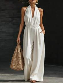 Mono nuevo de verano para mujer, de diseño, elegante, estilo francés, top halter de cuello V, perfecto para oficina, looks de día y ocasiones informales, favorecedor - Blanco - Ver 6