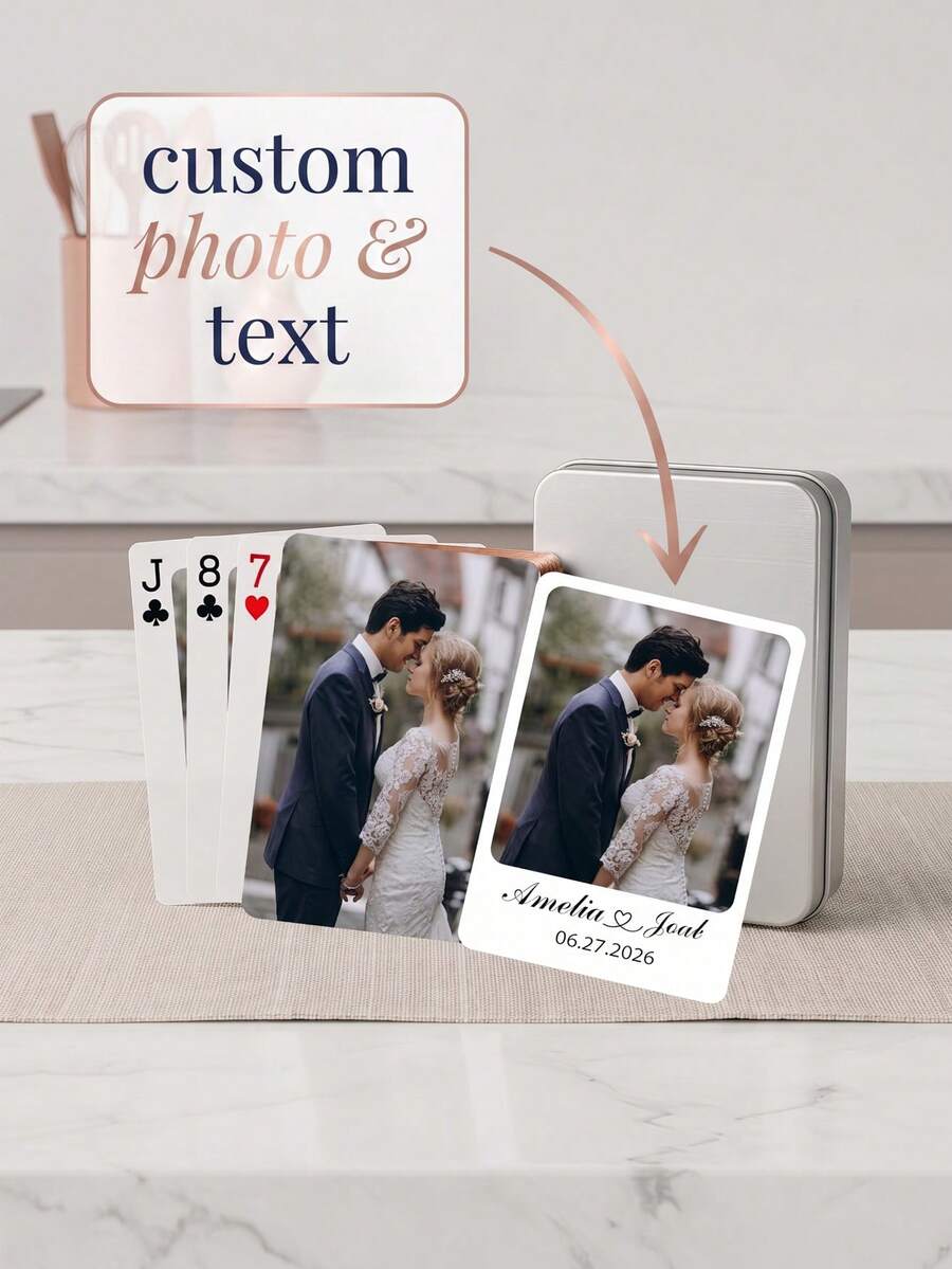 1pc Custom Photo & Text Wedding Playing Cards, Personalized Name Date Couple Deck With Metal Tin Box, Wedding/Engagement/Anniversary Gift, Party Game Night Souvenir Favor Cards - Multicolor - View 1