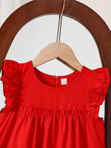 Young Girls' Red Lace Cap Sleeve Layered Frill Trim Sweet Princess Dress, Spring/Summer - Red - View 3