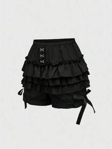 Goth Pantalones cortos de estilo gótico con triple volante en el bajo y decoración de lazo para niñas y mujeres, para la escuela - Azul - Ver 6