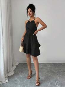 Vestido mini ajustado y acampanado sin mangas, elegante, de color caqui, con lazo de cuentas para mujer, para primavera/verano - Negro - Ver 5