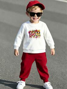 2pcs Baby Boy Letter Print Crew Neck Long Sleeve Warm Sweatshirt And Pants Set - White - View 7
