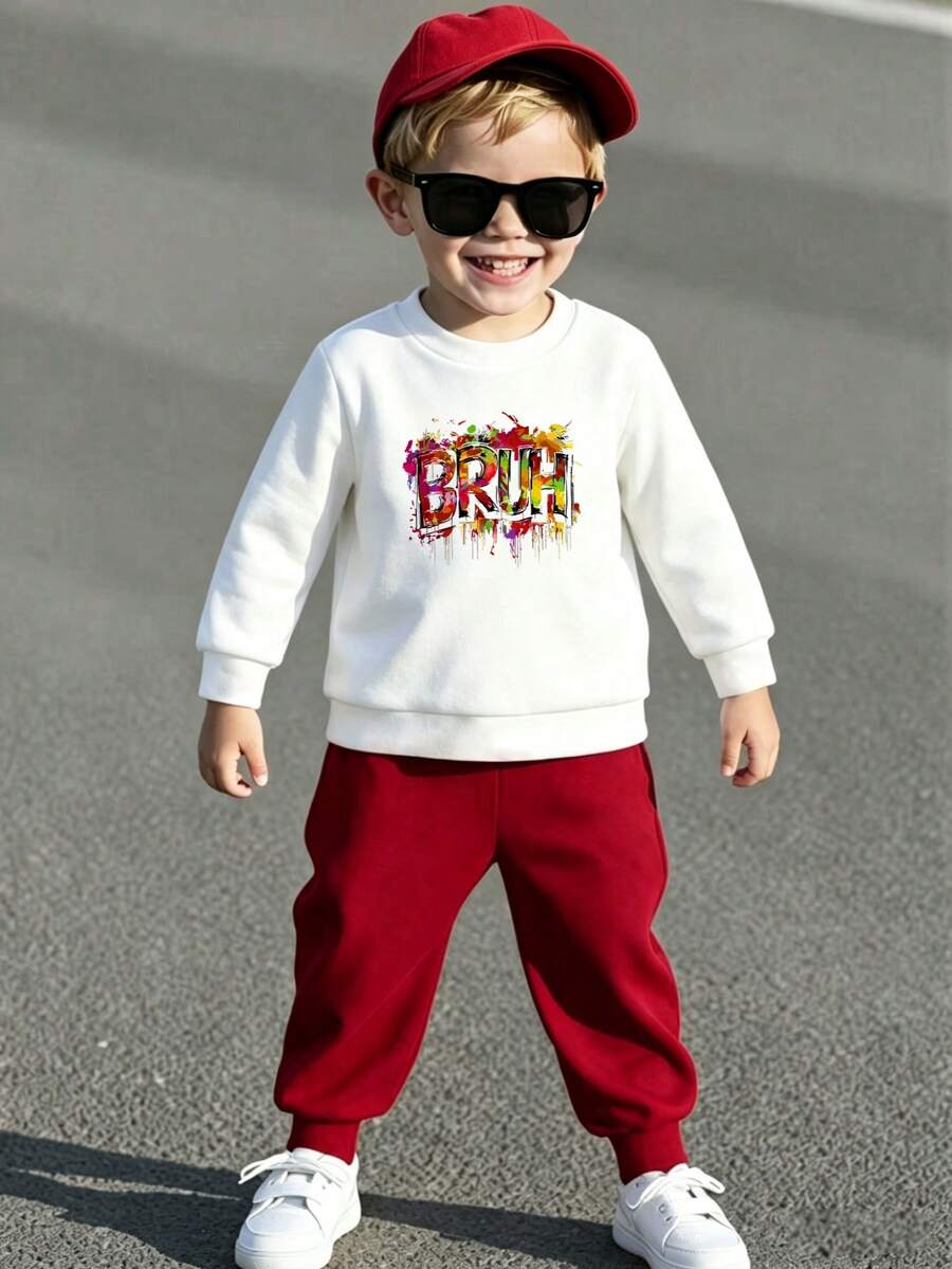 2pcs Baby Boy Letter Print Crew Neck Long Sleeve Warm Sweatshirt And Pants Set - White - View 1