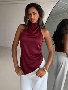 Top sin espalda con cuello halter y bajo asimétrico de unicolor púrpura para mujer, verano, vacaciones.Sencillo y elegante para uso diario y oficina. - Burdeos - Ver 4