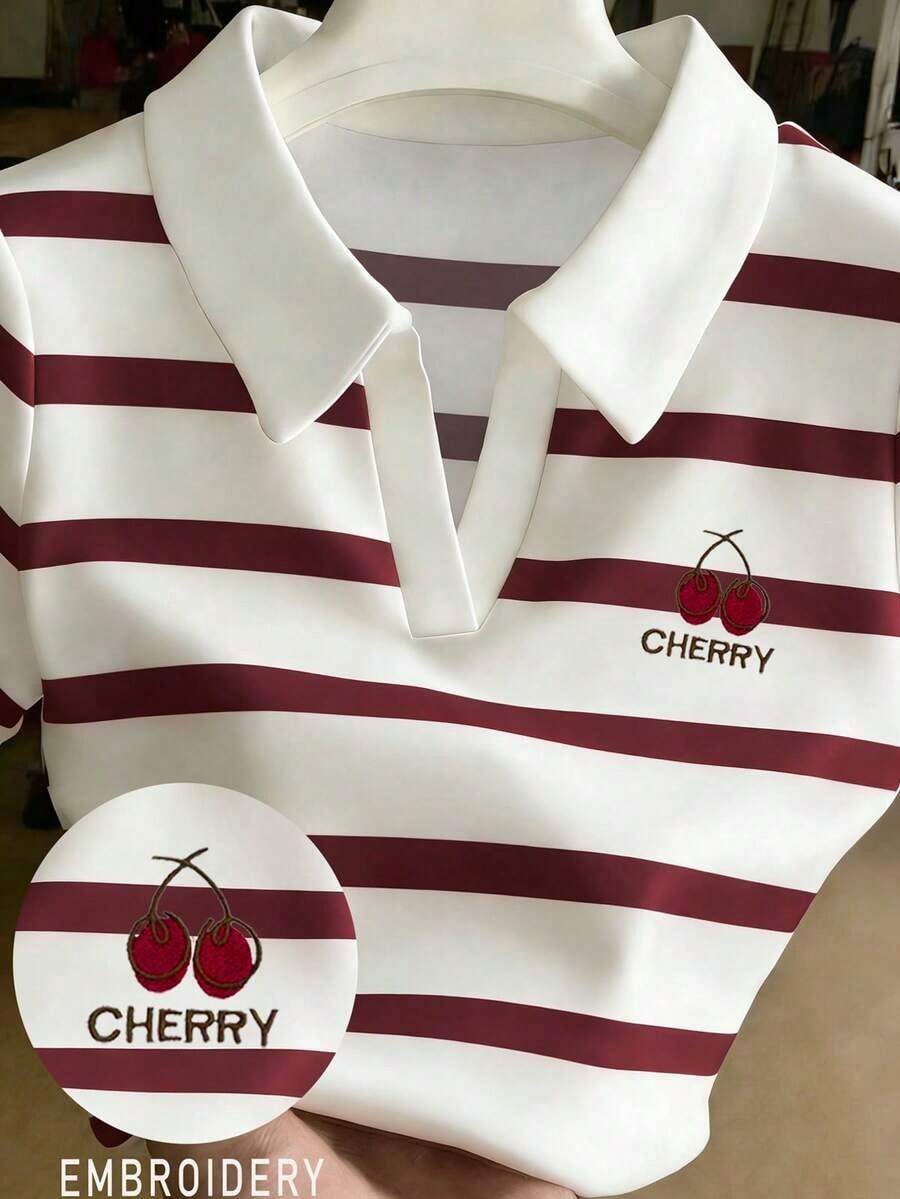 Camiseta casual versátil de mujer con cuello polo a rayas y manga corta - Multicolor 10 - Ver 1