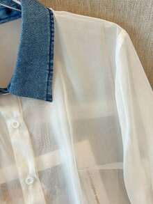Camisa de efecto de mezclilla de parchwork casual para mujer, otoño/invierno - Blanco 4 - Ver 4