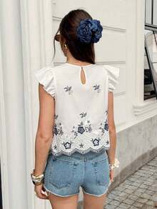 Blusa de verano casual de vacaciones con bordado floral y volantes en las mangas - Multicolor 2 - Ver 3