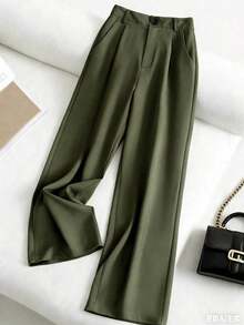 Pantalones casuales sueltos con bolsillos plisados de unicolor para mujer - Verde militar - Ver 1
