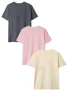 Set de 3 camisetas de manga corta de cuello redondo minimalistas y casuales de verano, tops versátiles y de moda para mujeres - Gris oscuro, rosa y albaricoque - Ver 3