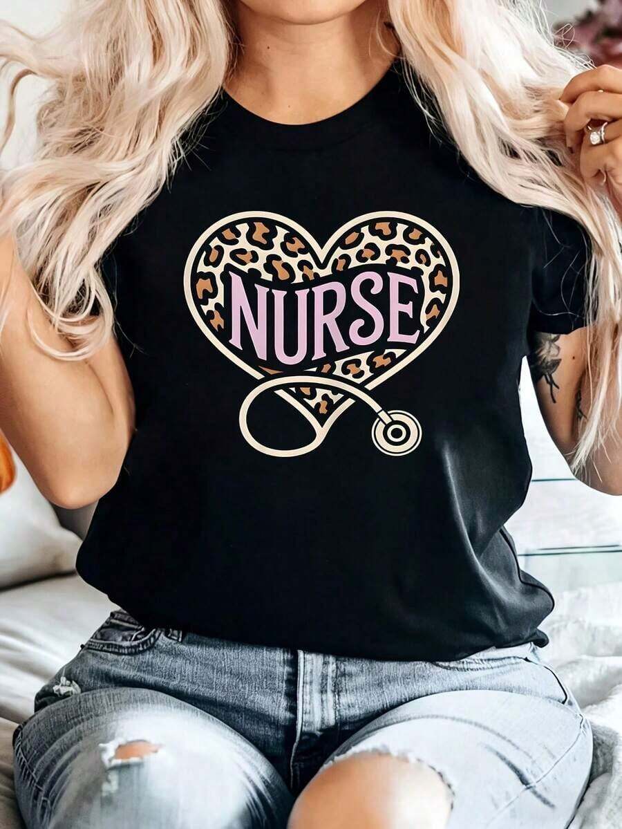 1 pieza Camiseta de Mujer Talla Grande con Diseño Divertido y Gráfico, Manga Corta, Estilo Casual, Cuello Redondo, Novedosa, 100% Algodón, 220g/180g - Negro - Ver 1