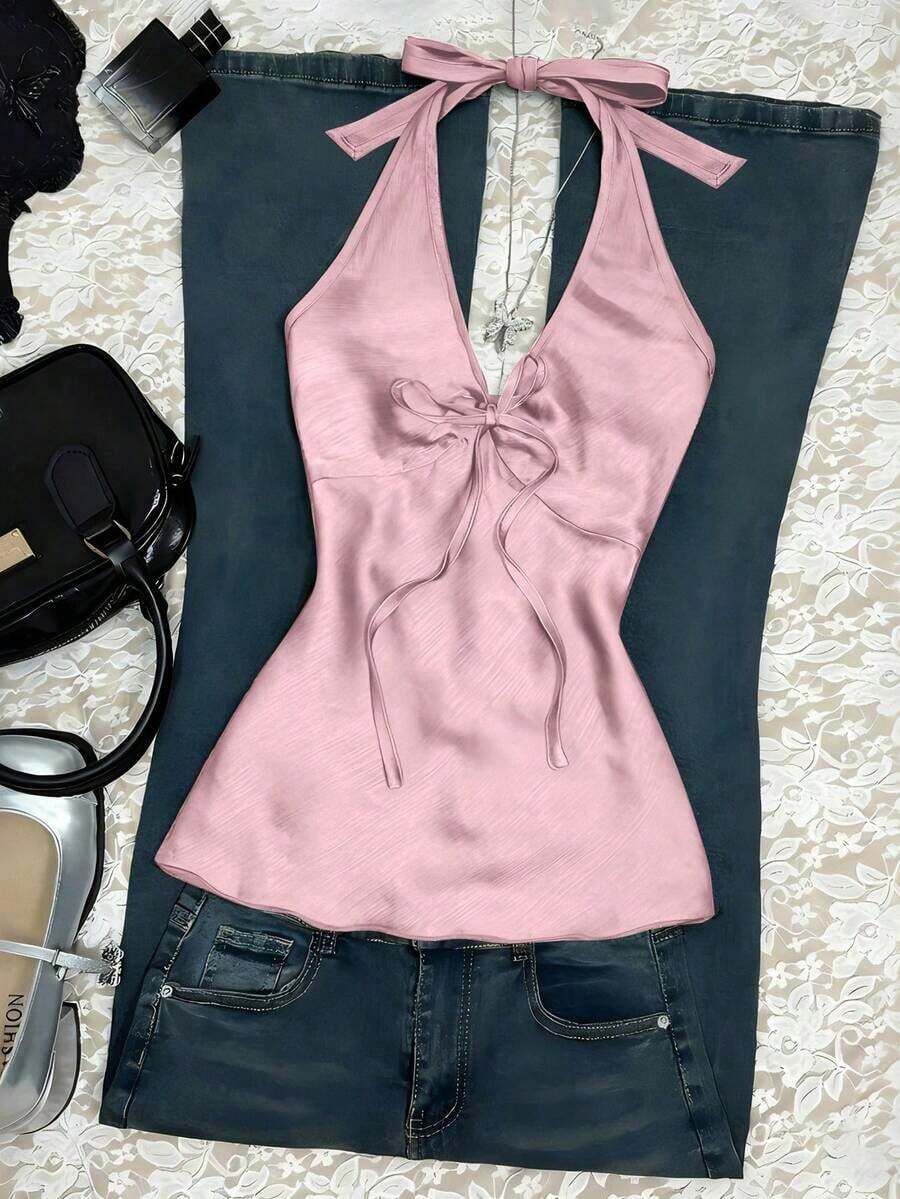 Nuevo top de verano de mujer con cuello halter, cintura fruncida y lazo, sexy y casual para vacaciones - Rosa - Ver 1