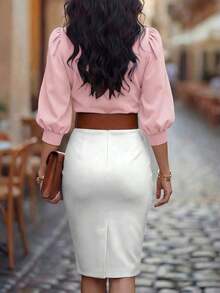 Blusa corta de mujer con cuello en V, manga de pétalo con lunares, cintura ceñida, nueva para primavera/verano - Rosa - Ver 2