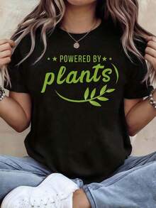 Premium Unisex Casual T-Shirts With "POWERED BY Plants" Print And Vegetarian Statement, Women's T-Shirt,  Everyday Urban Style, Cool And Relaxed Style, Short Sleeve, Urban Style T-Shirt For Everyday Wear - Unisex Cotton Loose Fit T-Shirt, Comfortable And Vintage Urban Style. - 黑色 - 查看 6