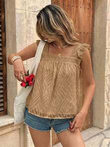 Blusa de mujer con cuello cuadrado y mangas cortas con estampado de lunares - Marrón - Ver 1