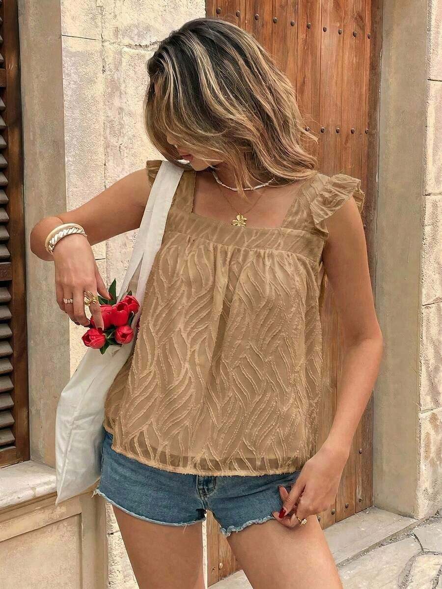 Blusa de mujer con cuello cuadrado y mangas cortas con estampado de lunares - Marrón - Ver 1