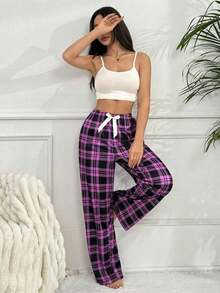 Pantalones de pijama holgados con lazo y estampado de cuadros para mujer, otoño e invierno - Morado - Ver 4